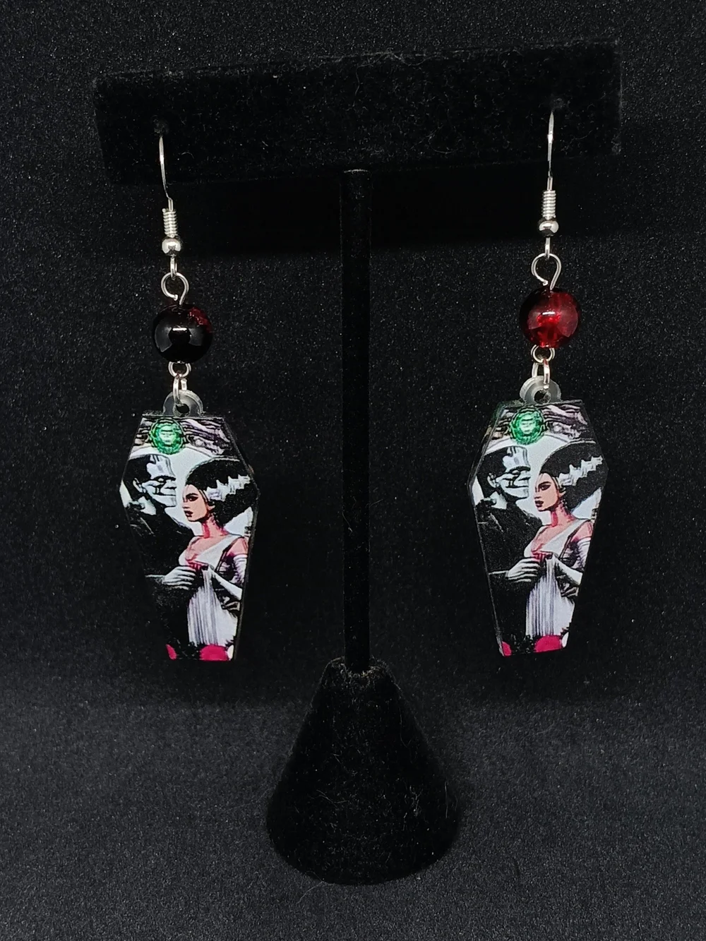 Coffin Dangle Earrings with Gothic Bride Print – Black & Red